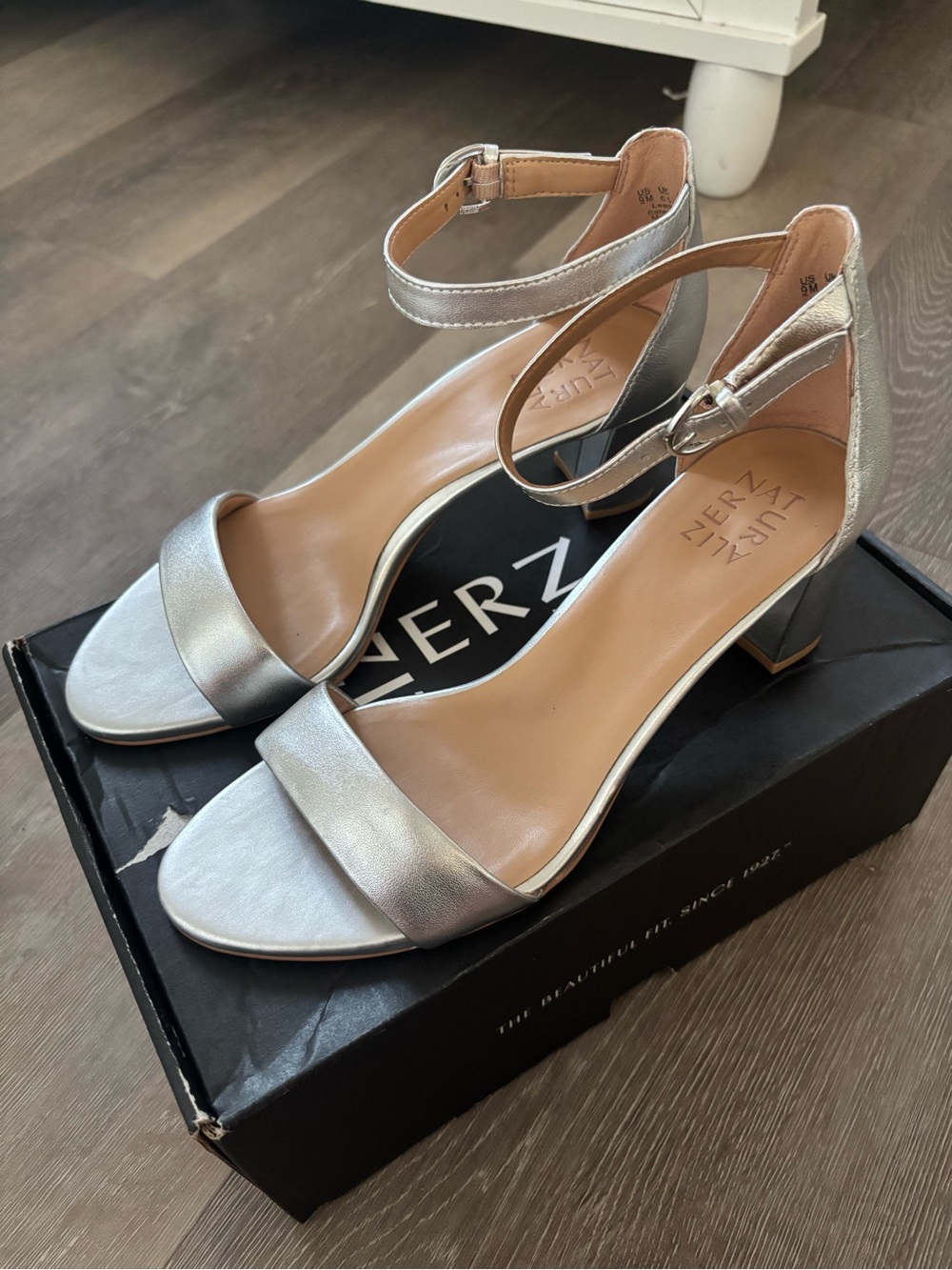 Naturalizer Metallic Silver Ankle-Strap Block Heels